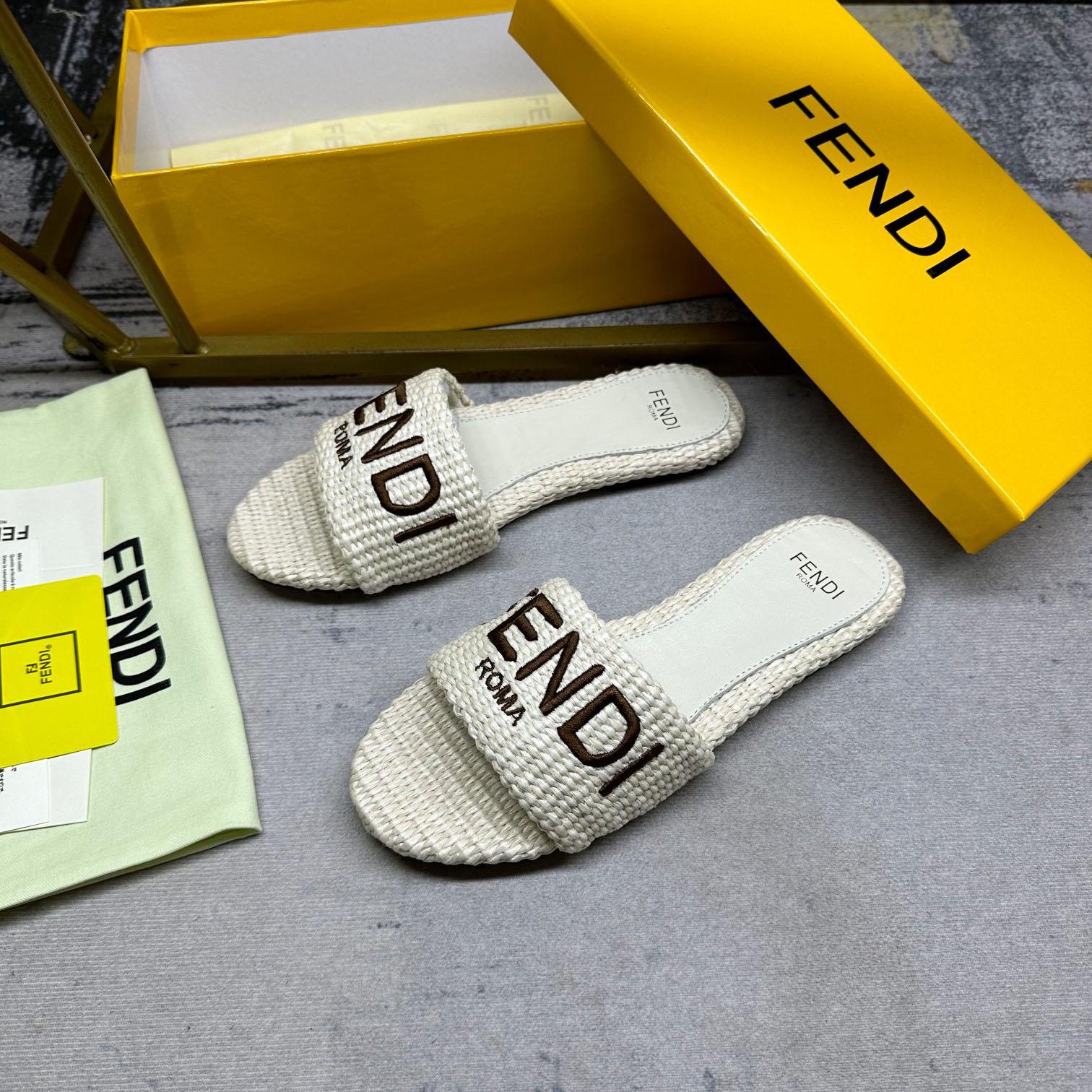 Fendi Signature Natural Raffia Slides - EUR FASHION