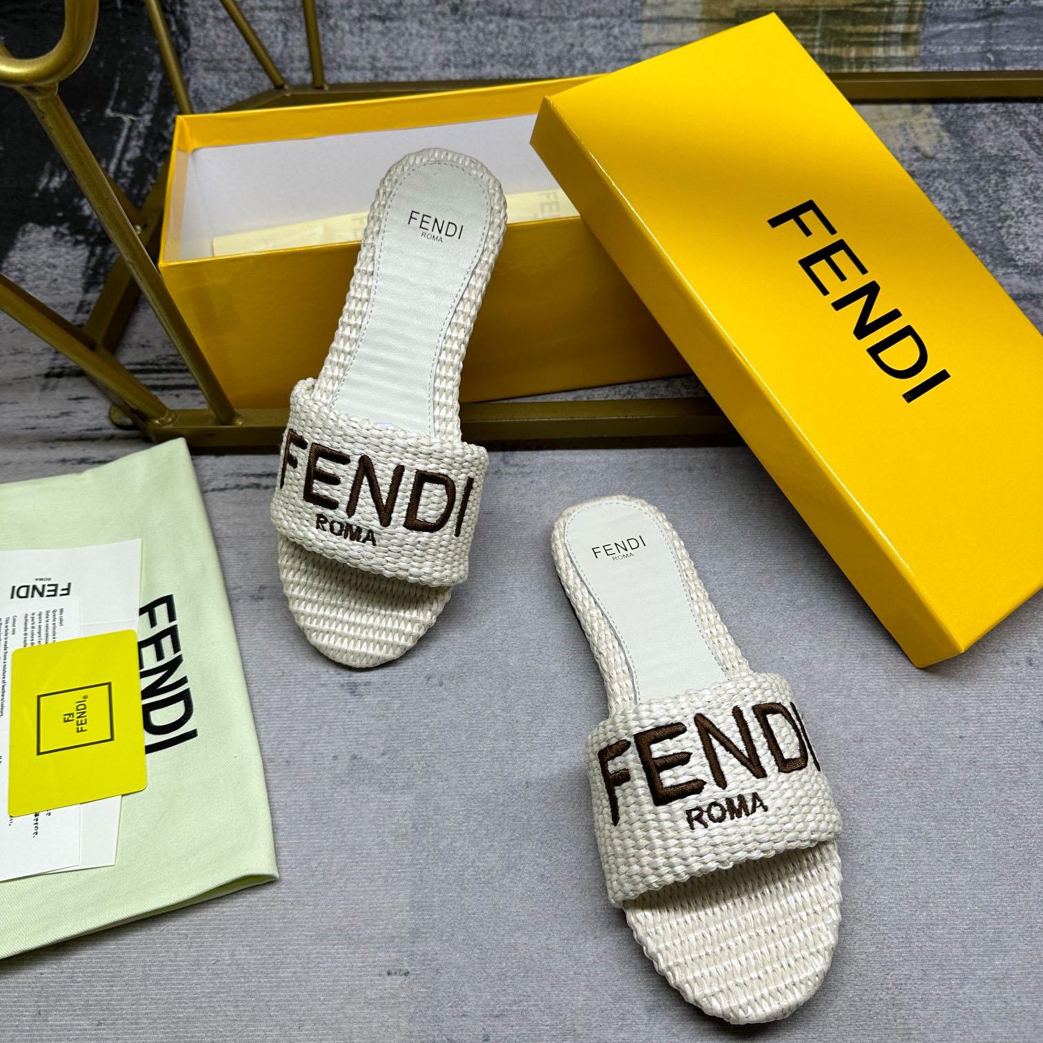 Fendi Signature Natural Raffia Slides - EUR FASHION