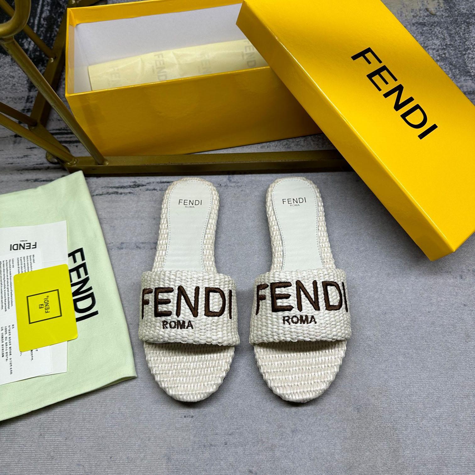 Fendi Signature Natural Raffia Slides - EUR FASHION