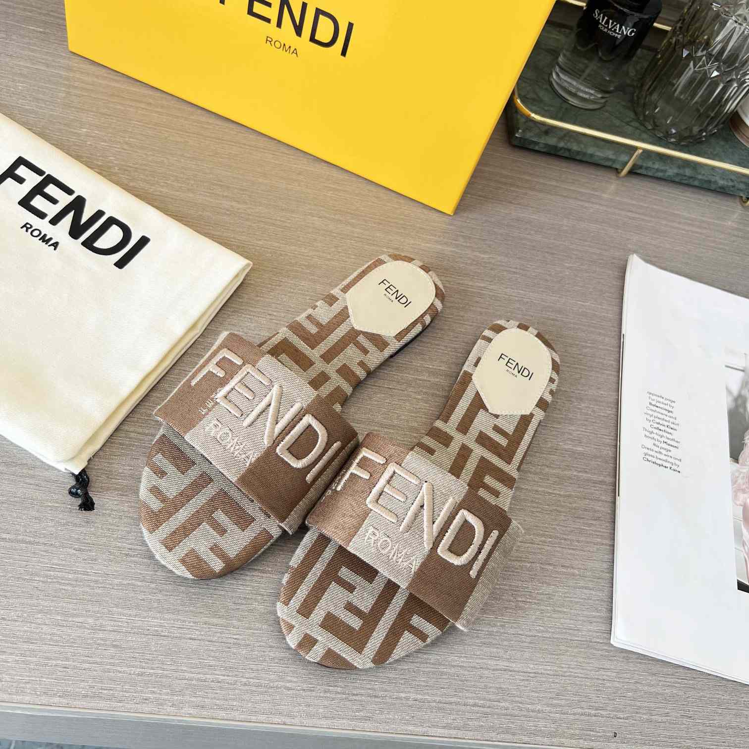 Fendi Signature Beige Fabric Slides - EUR FASHION