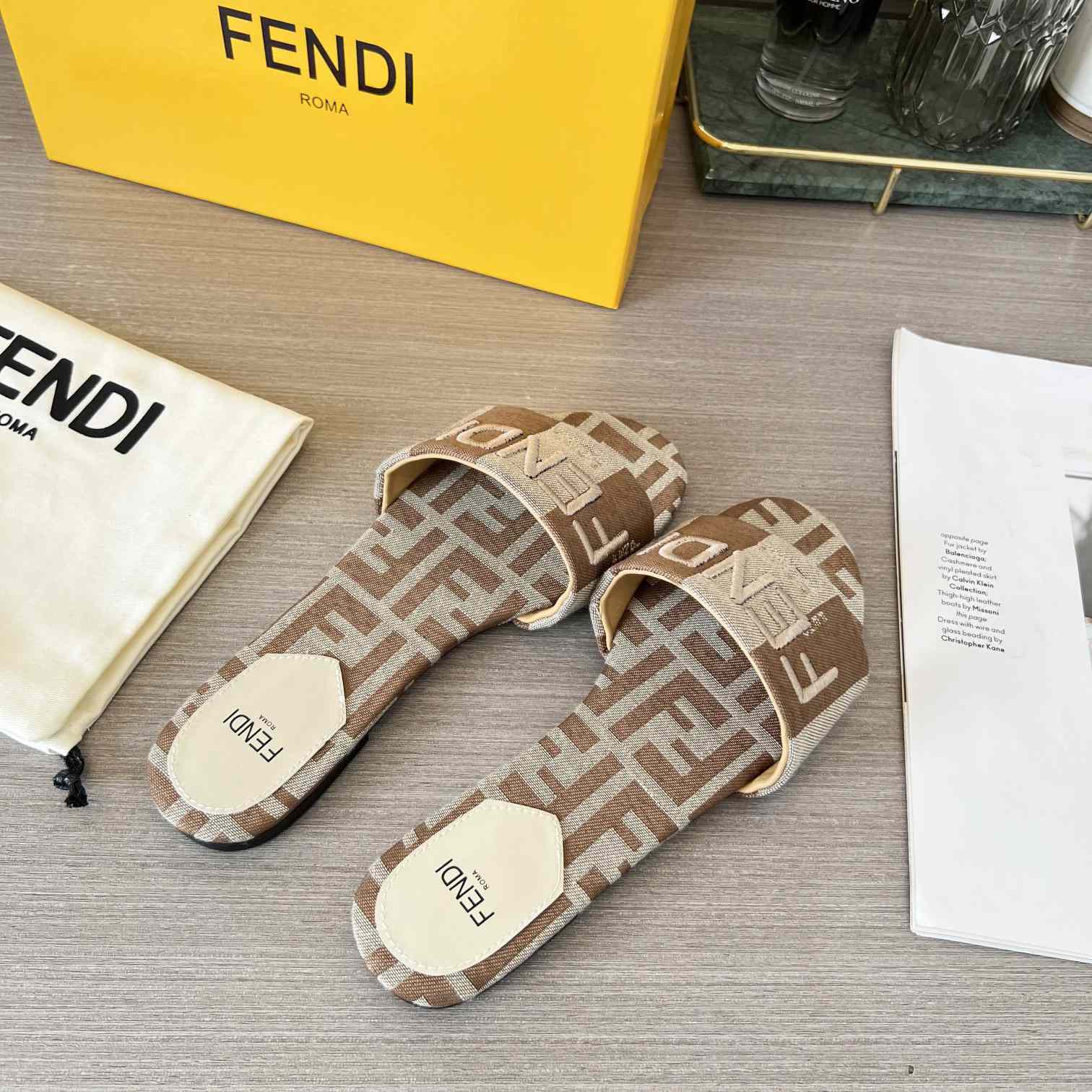 Fendi Signature Beige Fabric Slides - EUR FASHION