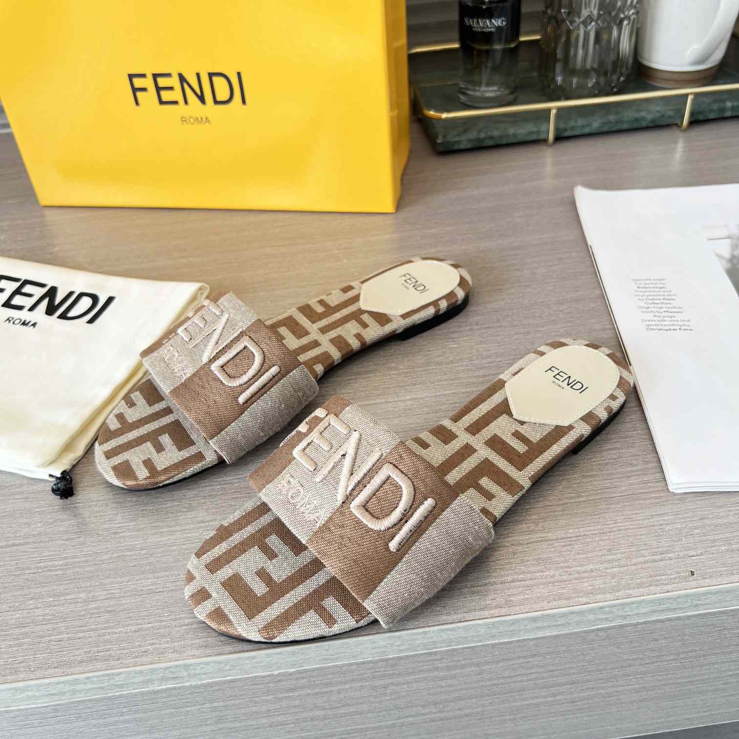 Fendi Signature Beige Fabric Slides - EUR FASHION