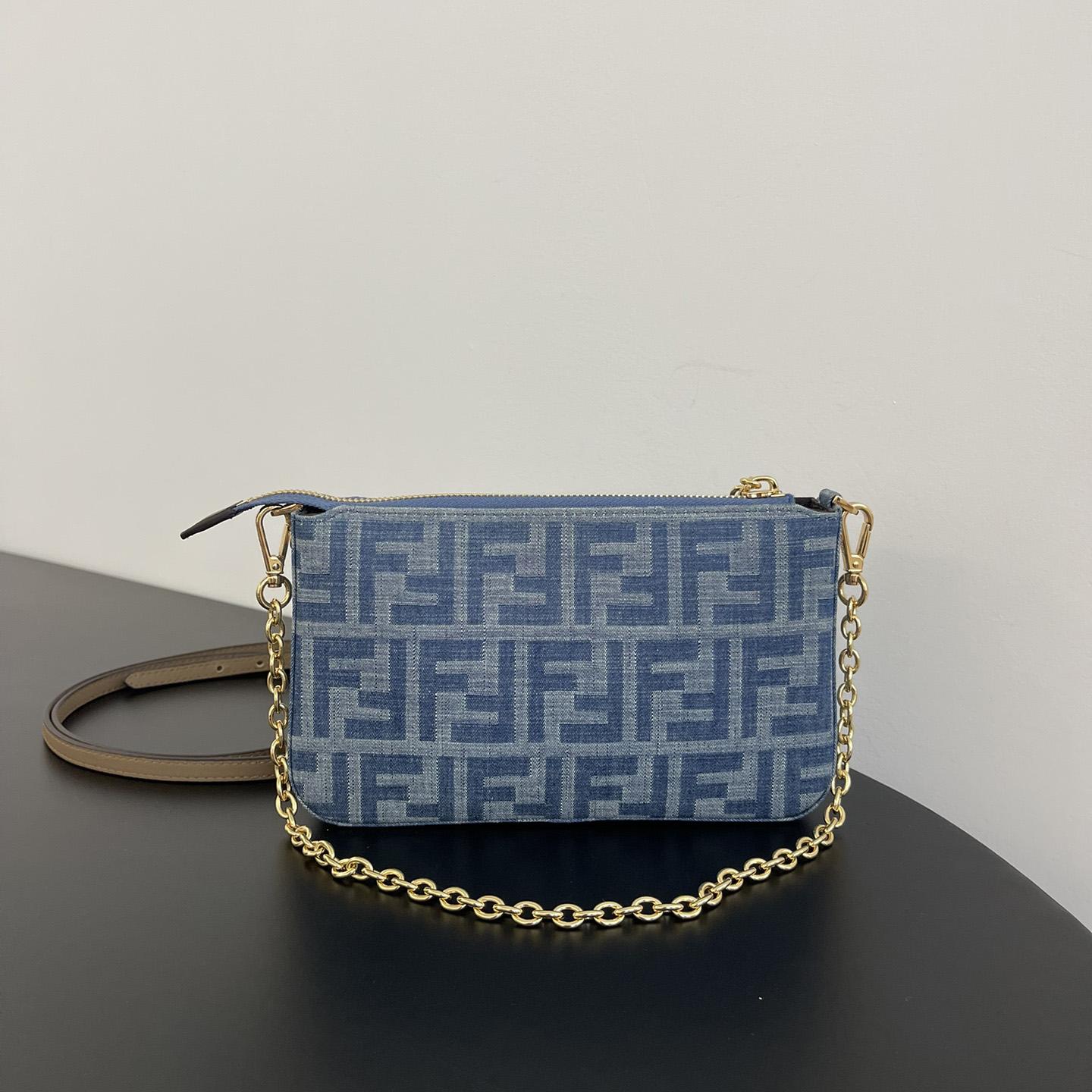 Fendi Baguette Pouch Light Blue FF Denim Fabric Pouch With Chain - EUR FASHION