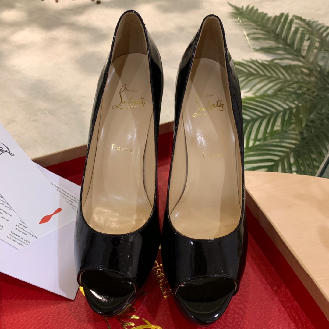 Christian Louboutin Black Patent Leather Peep Toe Stiletto Heels   8.5cm - EUR FASHION