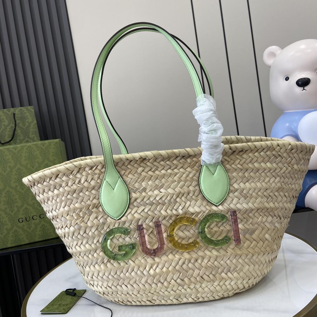 Gucci Small Straw Tote With Gucci Logo - EUR FASHION