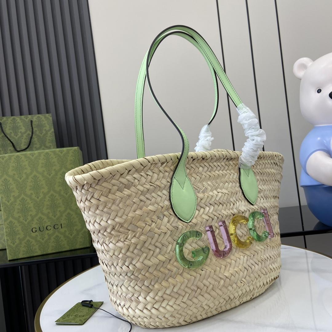 Gucci Small Straw Tote With Gucci Logo - EUR FASHION