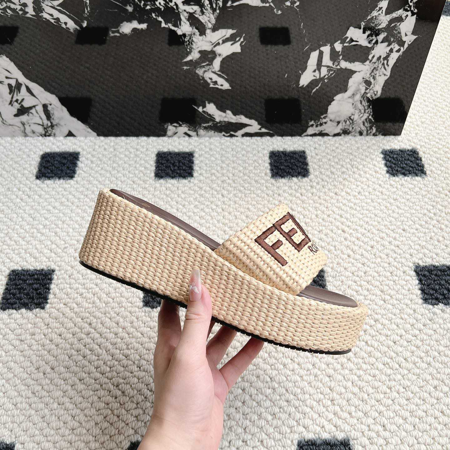 Fendi Sunshine Beige Cotton Fiber Flatform Slides - EUR FASHION