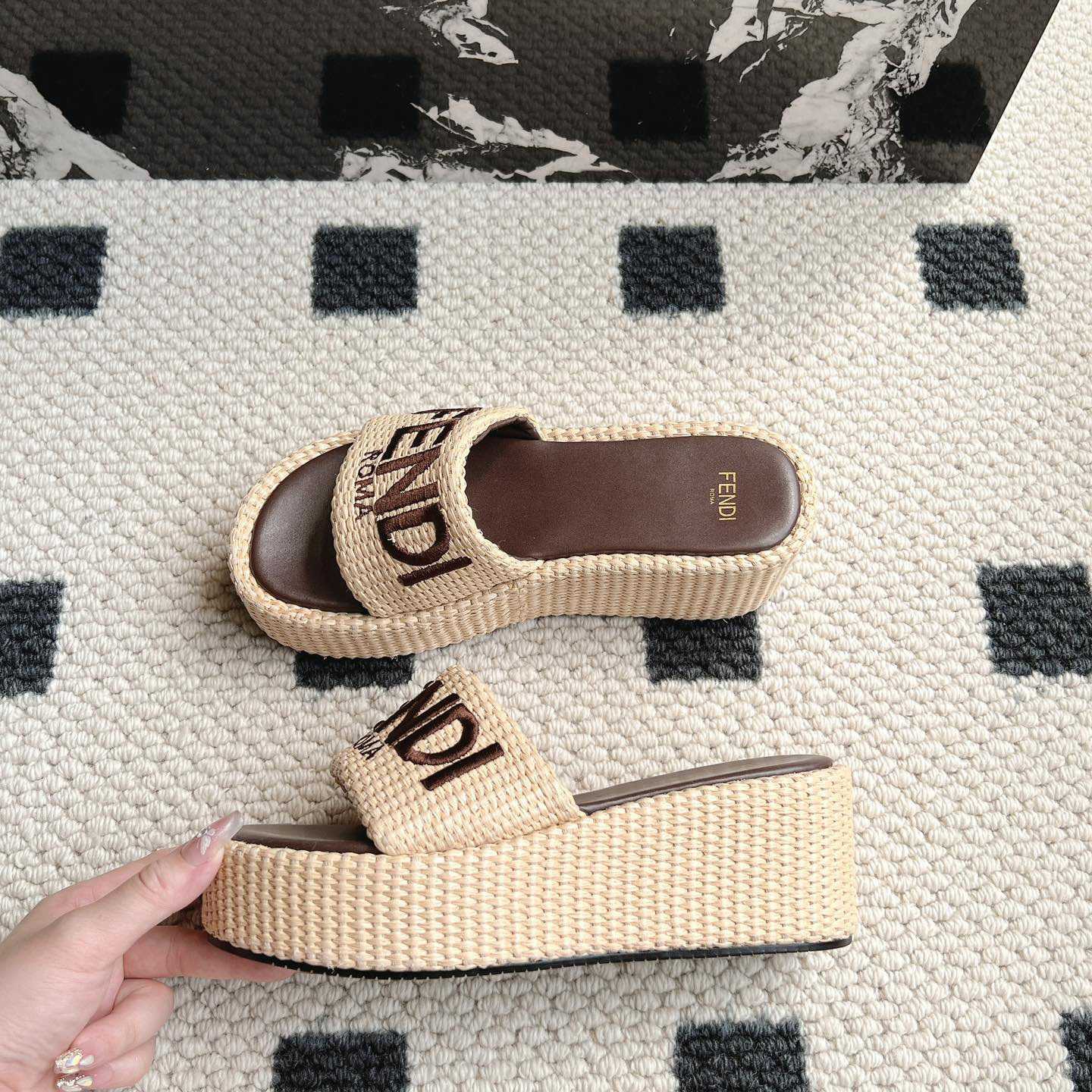 Fendi Sunshine Beige Cotton Fiber Flatform Slides - EUR FASHION