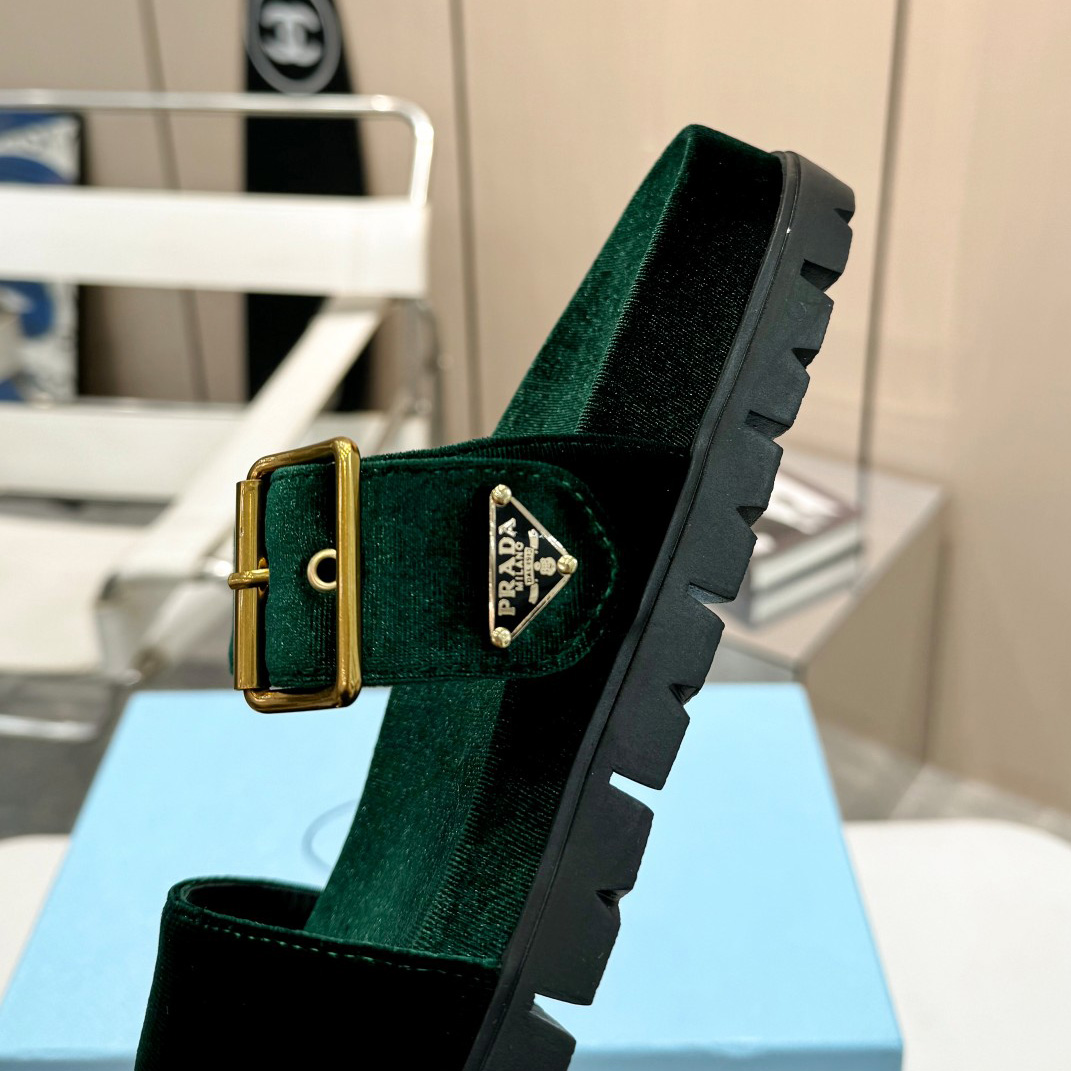 Prada Green Velvet Buckle Slides - EUR FASHION