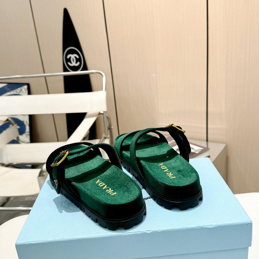 Prada Green Velvet Buckle Slides - EUR FASHION