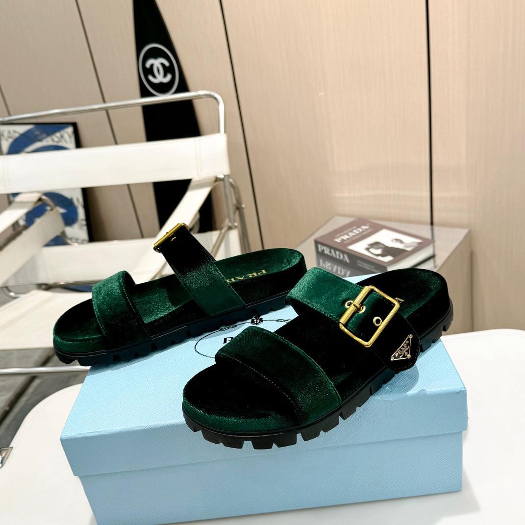 Prada Green Velvet Buckle Slides - EUR FASHION