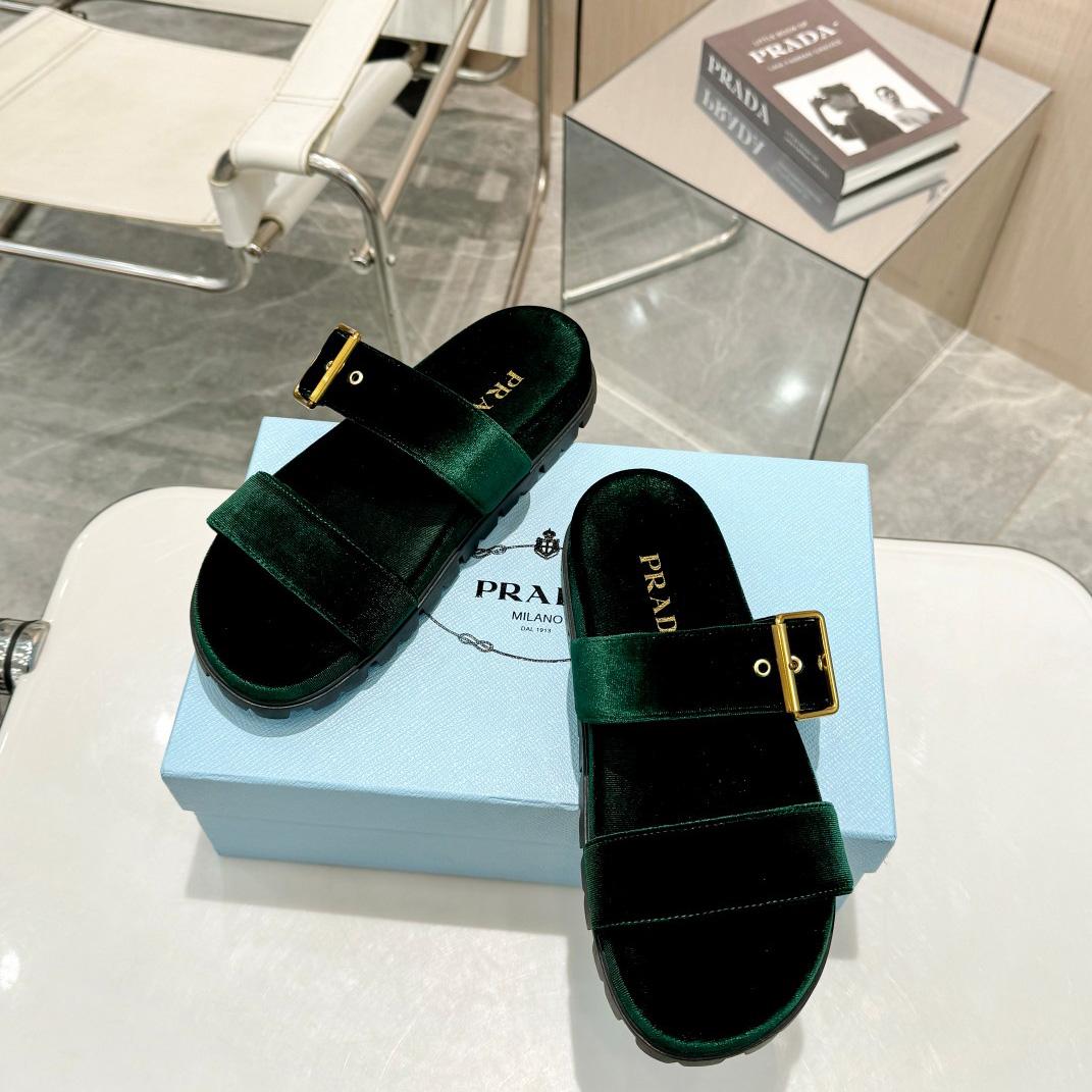 Prada Green Velvet Buckle Slides - EUR FASHION