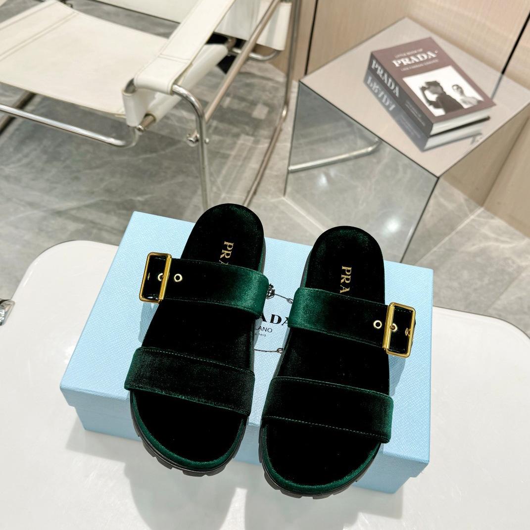 Prada Green Velvet Buckle Slides - EUR FASHION