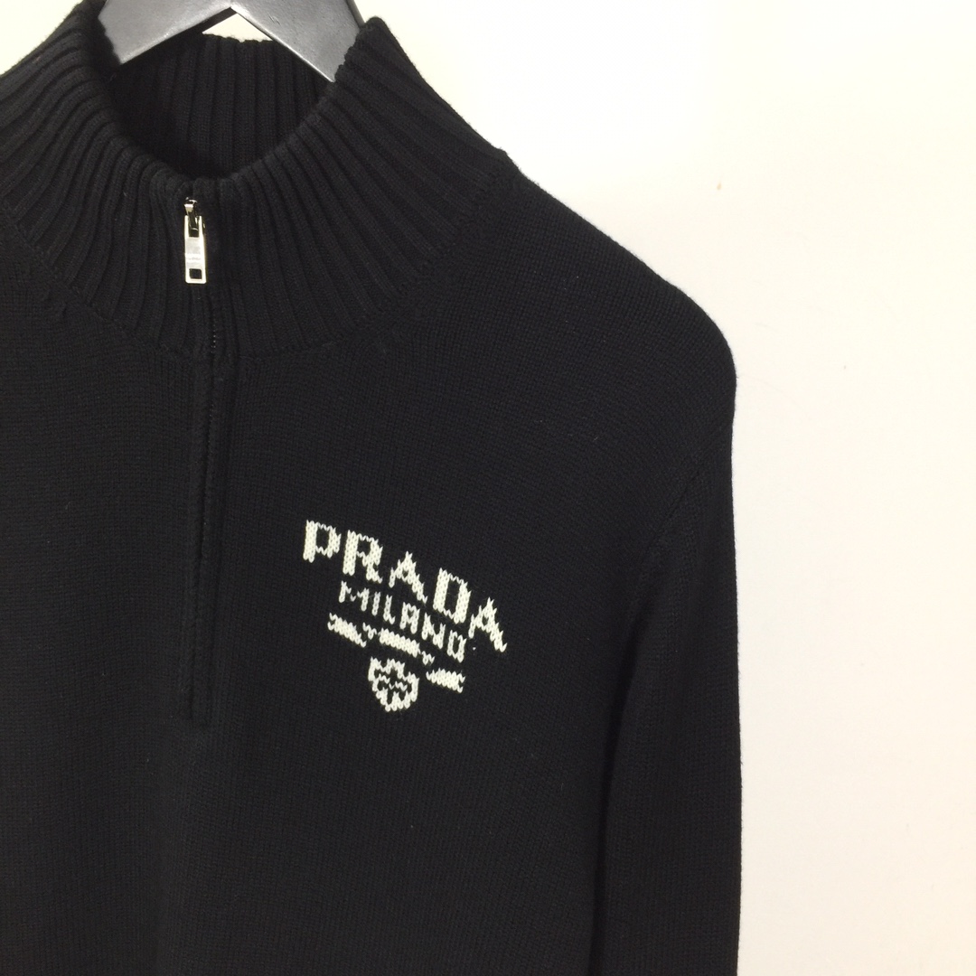 Prada Intarsia Knit Logo Zip-Up Cardigan - EUR FASHION