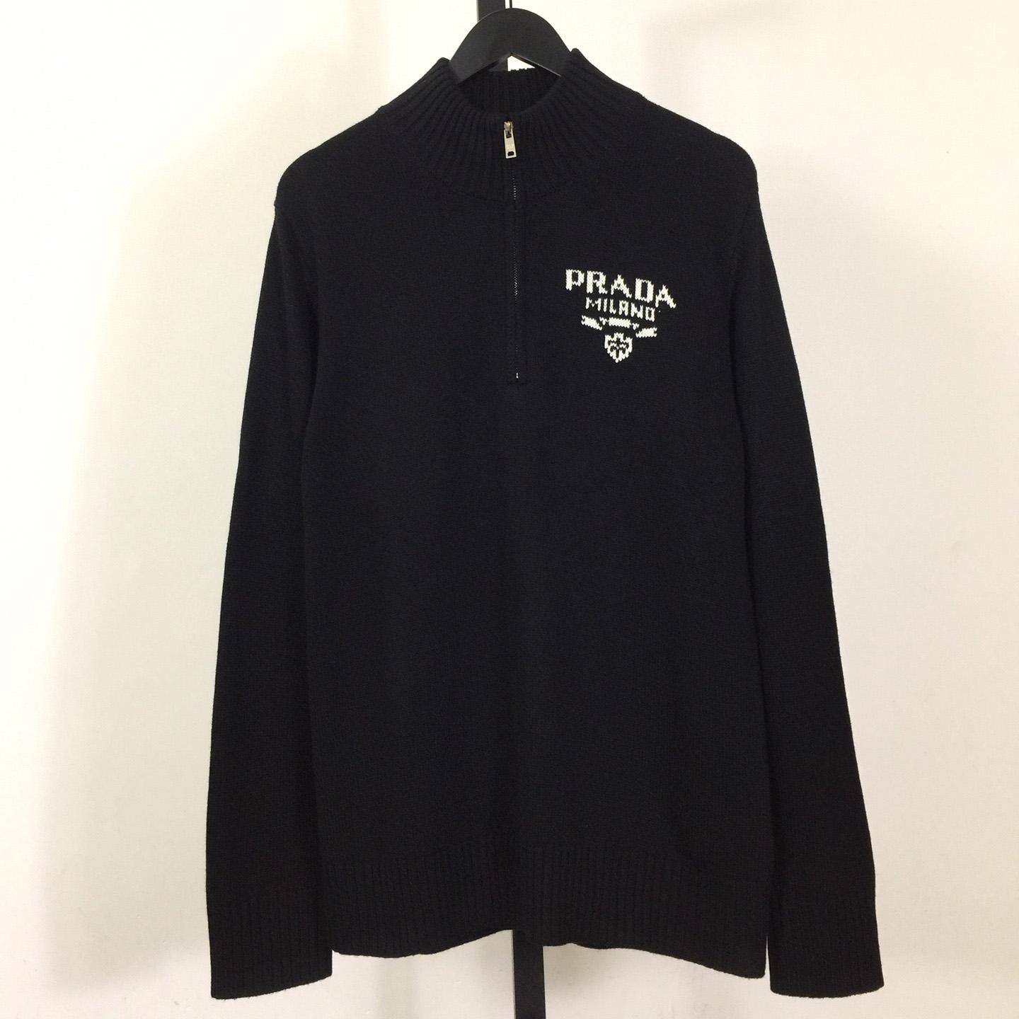 Prada Intarsia Knit Logo Zip-Up Cardigan - EUR FASHION