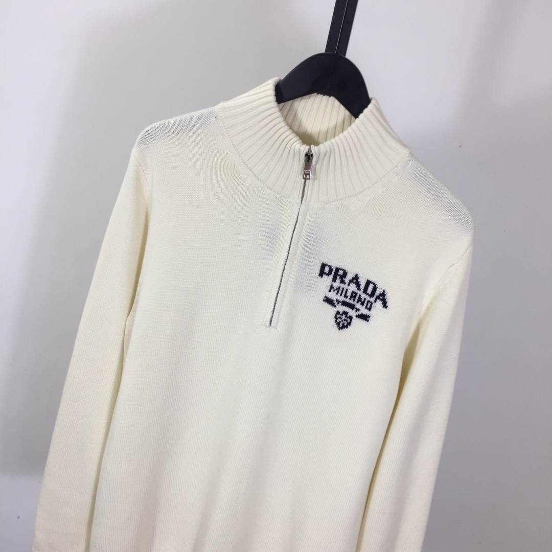 Prada Intarsia Knit Logo Zip-Up Cardigan - EUR FASHION