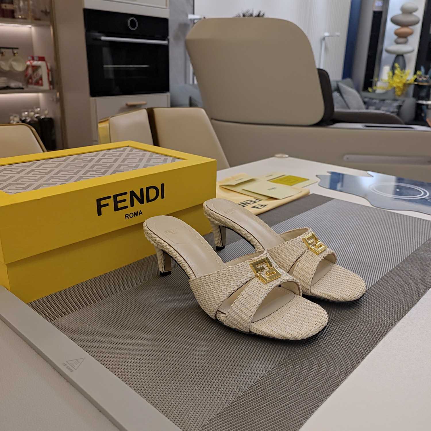 Fendi FFold Beige Cotton Fibre Medium-heel Sandals - EUR FASHION