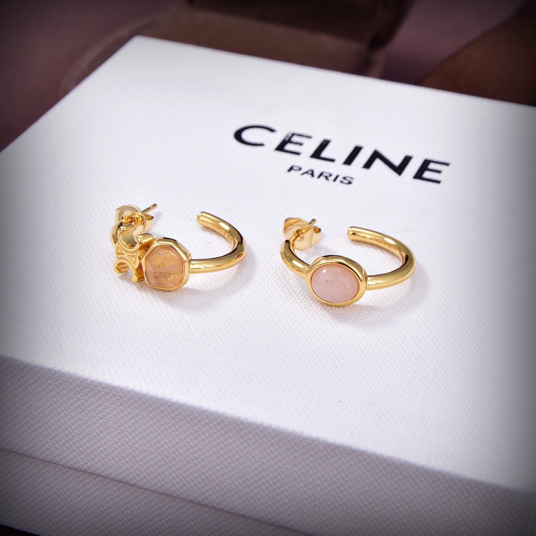 Celine Triomphe Indie Hoops In Brass With Gold Finish,Rutilated Quartz And Pink - EUR FASHION