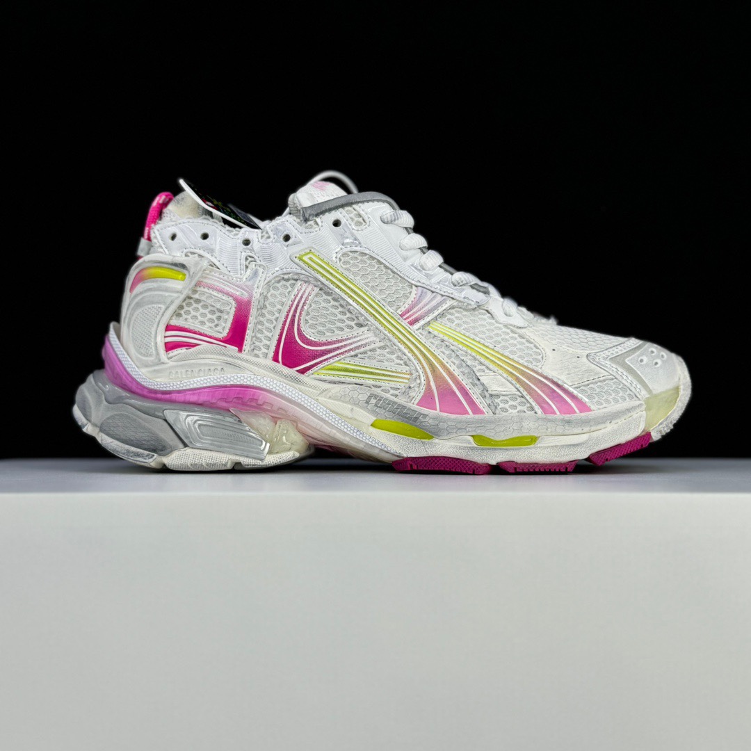 Balenciaga Runner Gradient Sneaker In White, Pink, Grey And Neon Yellow Mesh - EUR FASHION