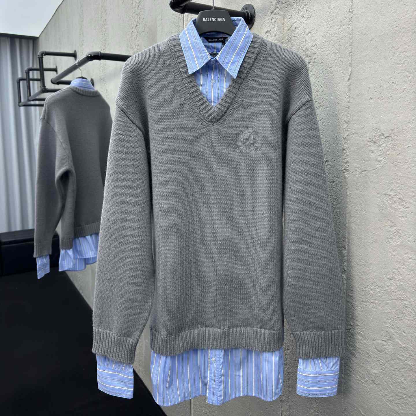 Balenciaga Layered Shirt V-Neck Sweater In Grey - EUR FASHION