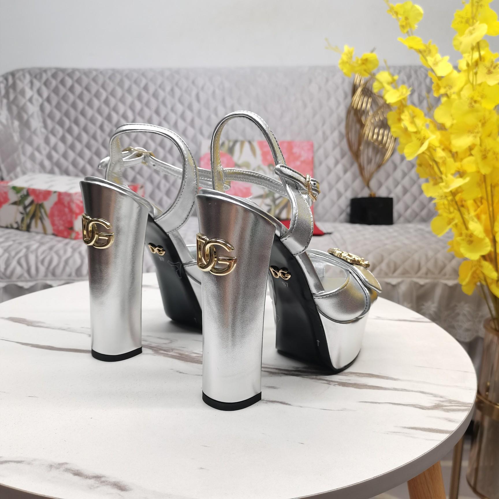 Dolce & Gabbana Silver Leather Platform Logo Keira Sandals - EUR FASHION