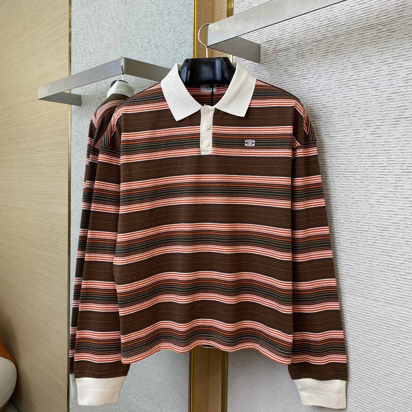 Celine Triomphe Cropped Polo Shirt In Striped Cotton - EUR FASHION