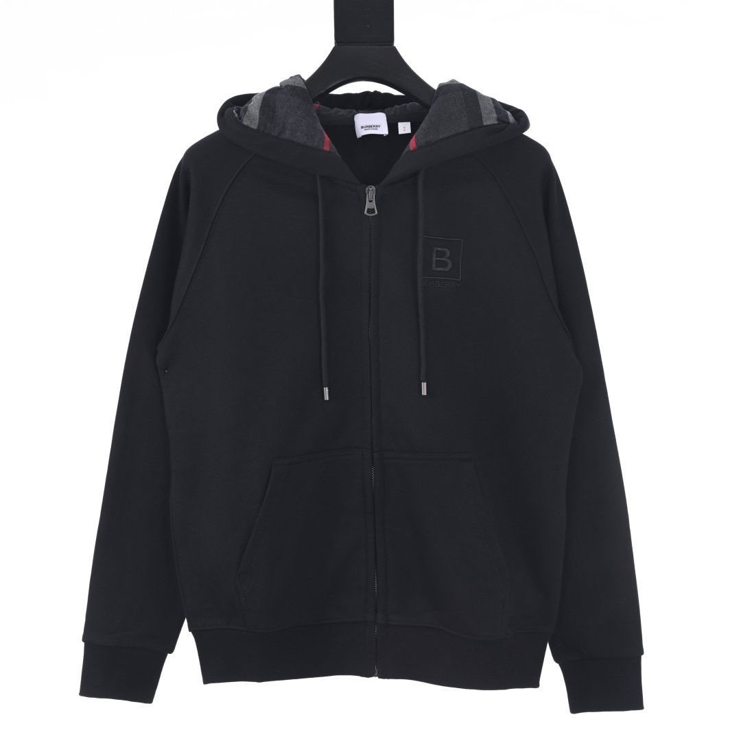 Burberry Black Logo Embroidery Cotton Hooded Zip-Up Sweatshi - EUR FASHION