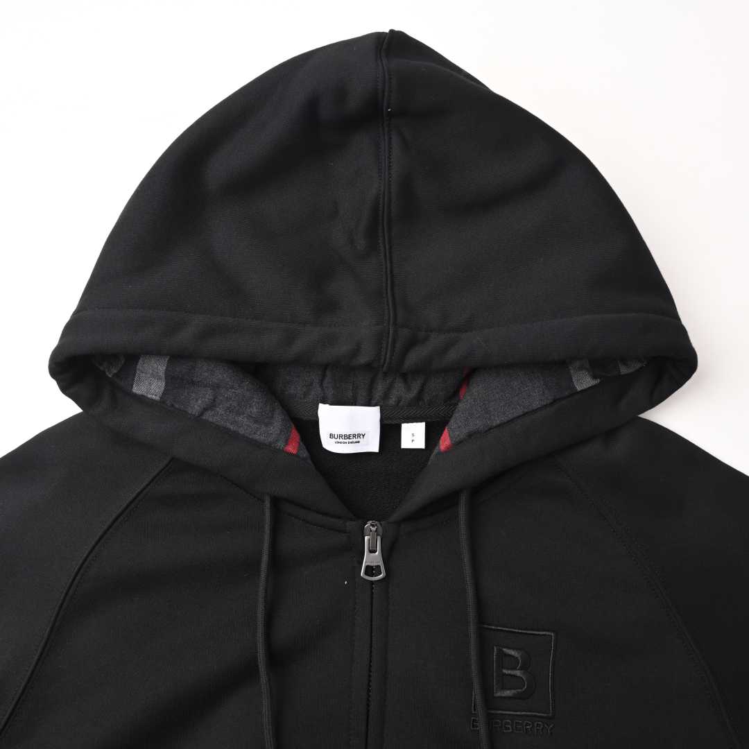 Burberry Black Logo Embroidery Cotton Hooded Zip-Up Sweatshi - EUR FASHION